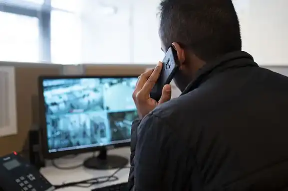 Frontline Security staff making call in front of CCTV screen
